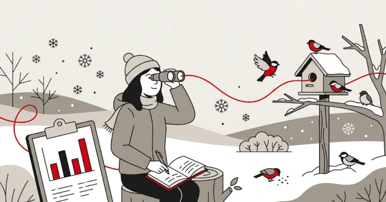 Eine Jugendliche beobachtet im Winter Vögel am Futterhaus und notiert, daneben ein Säulendiagramm.