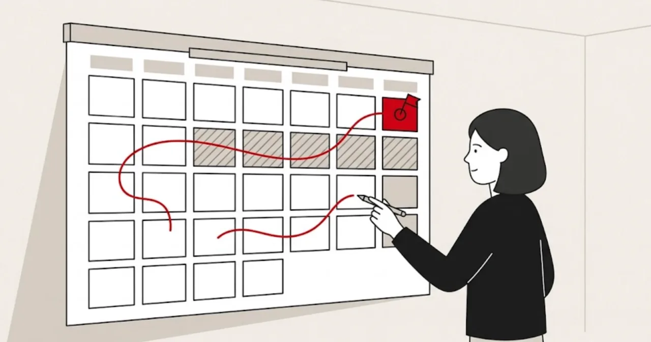 Lea zeichnet an einem grossen Wandkalender einen roten Weg von Woche zu Woche bis zu einem rot markierten Abgabetag.